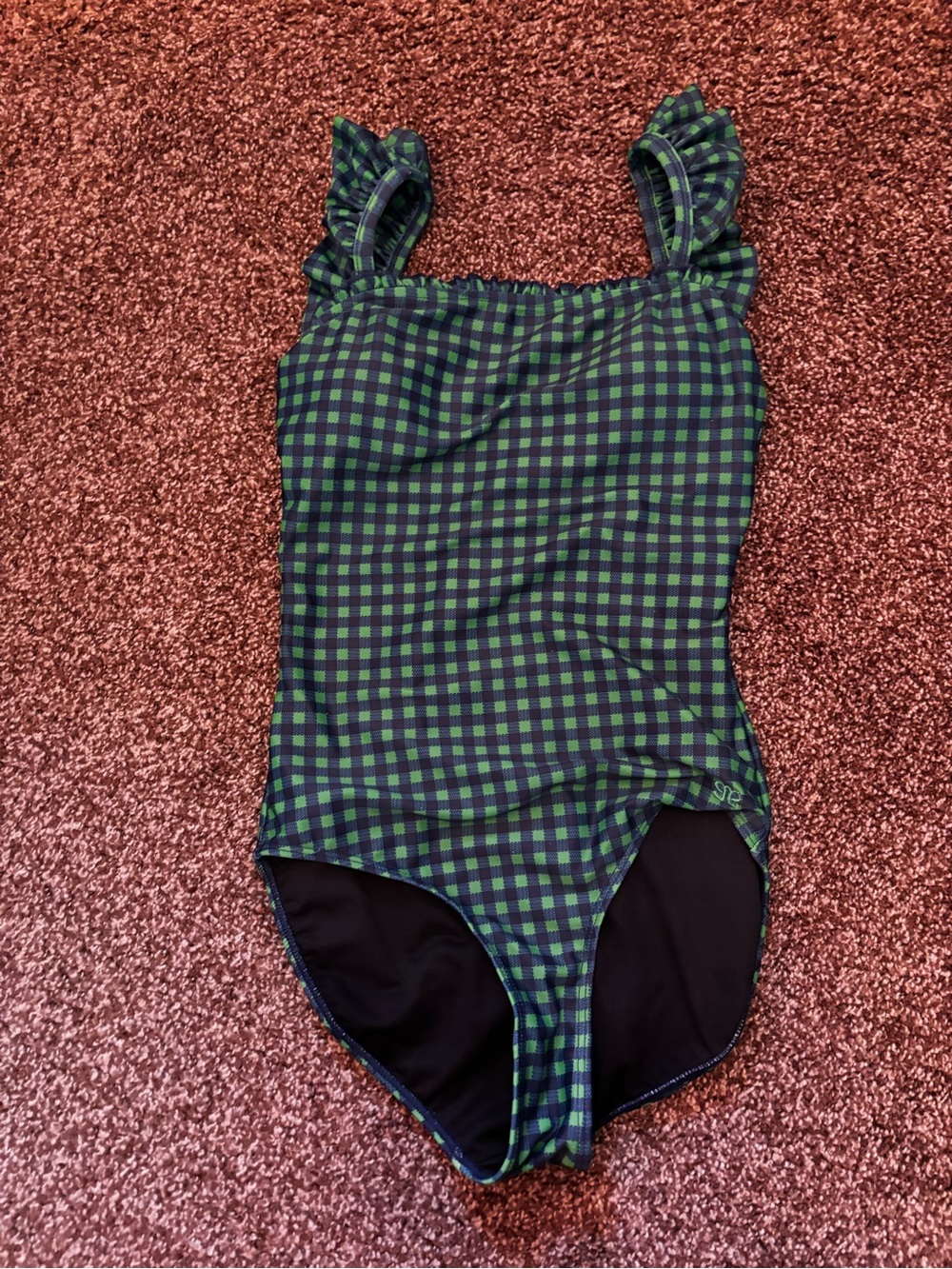 Green and Navy Gingham One-Piece Swimsuit with Ruffle Straps